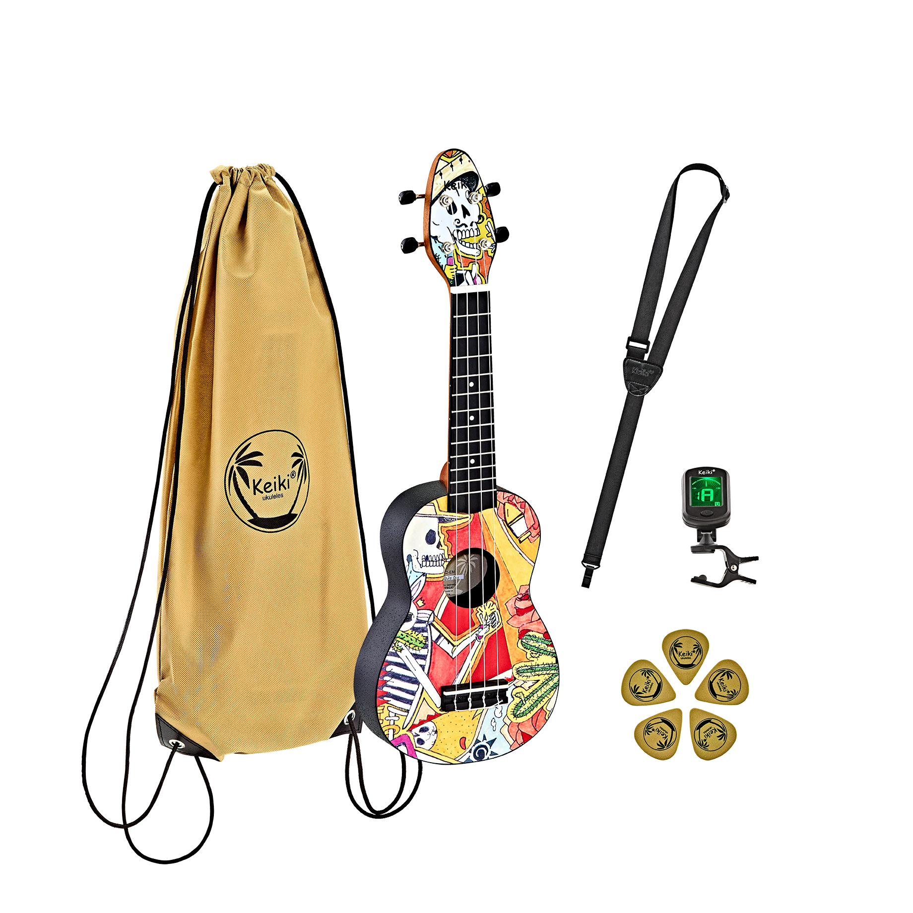 KEIKI Ukulelen Set "El Muerto" inkl. Gymbag/H-Tuner/5 Picks/Gurt