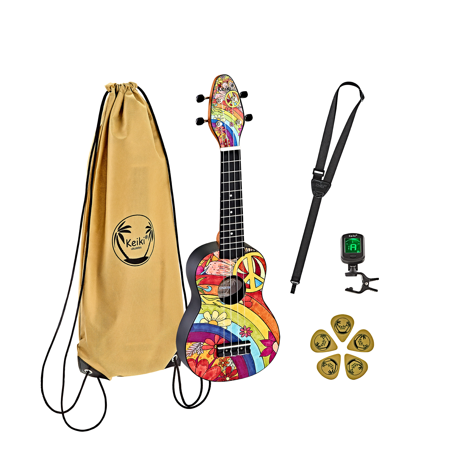 KEIKI Ukulelen Set "Peace 68" inkl. Gymbag/H-Tuner/5 Picks/Gurt