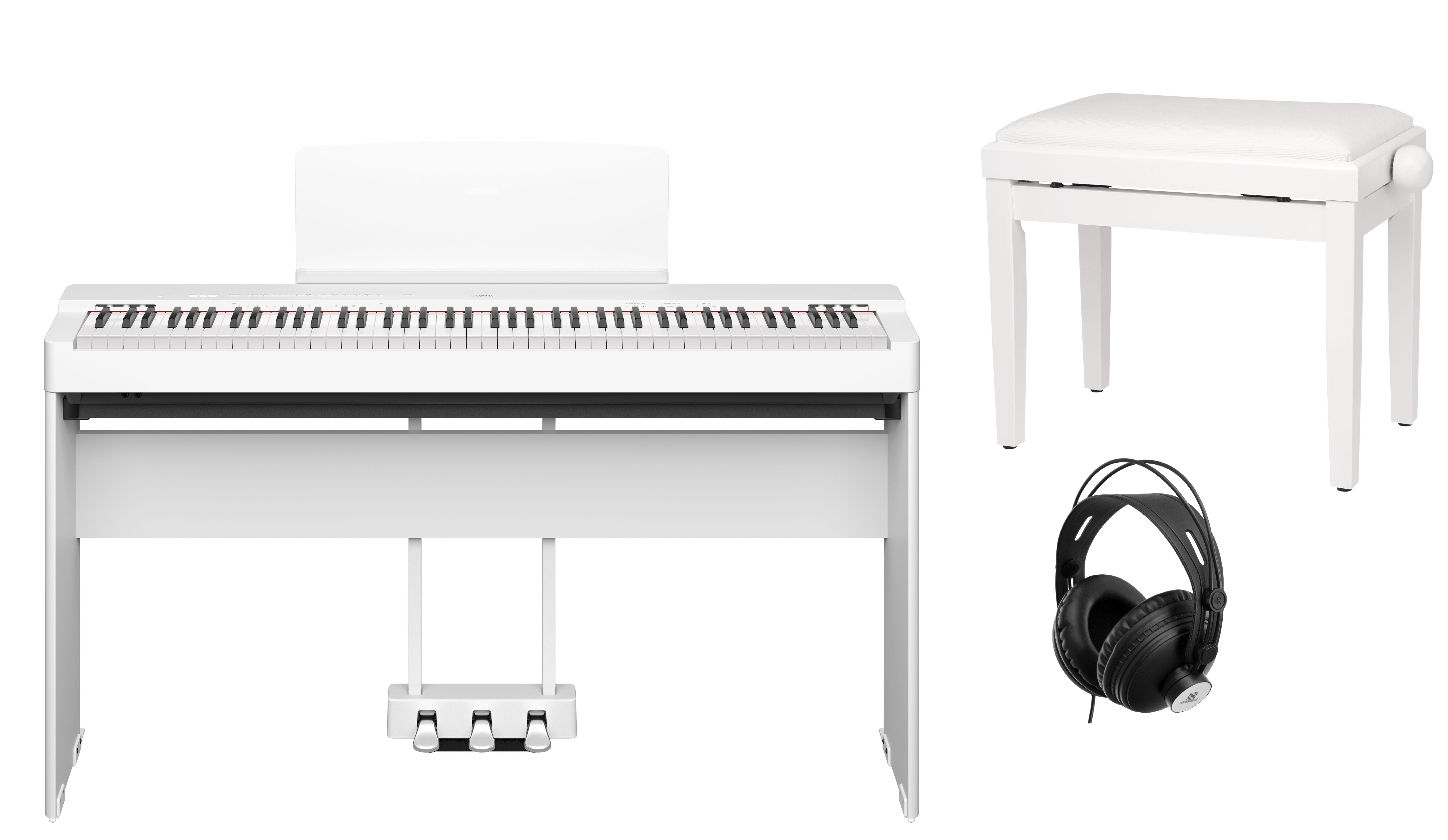 P-225 WH Set mit Holzstativ, 3fach Pedal, Klavierbank Weiss