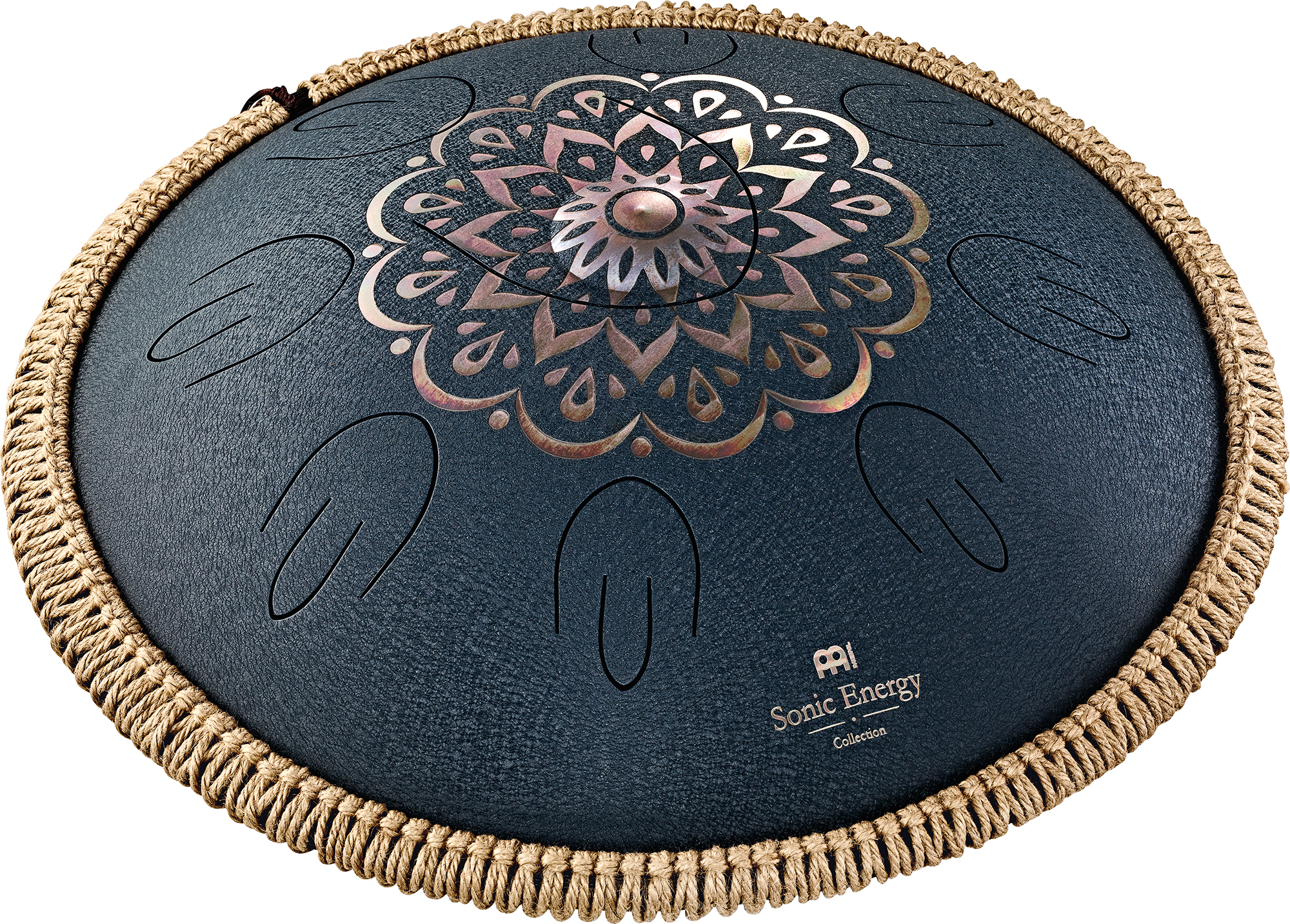 Sonic Energy Octave Steel Tongue Drum, Marineblau, graviertes Blumendesign, D Amara, 9 Töne, 16" / 40 cm