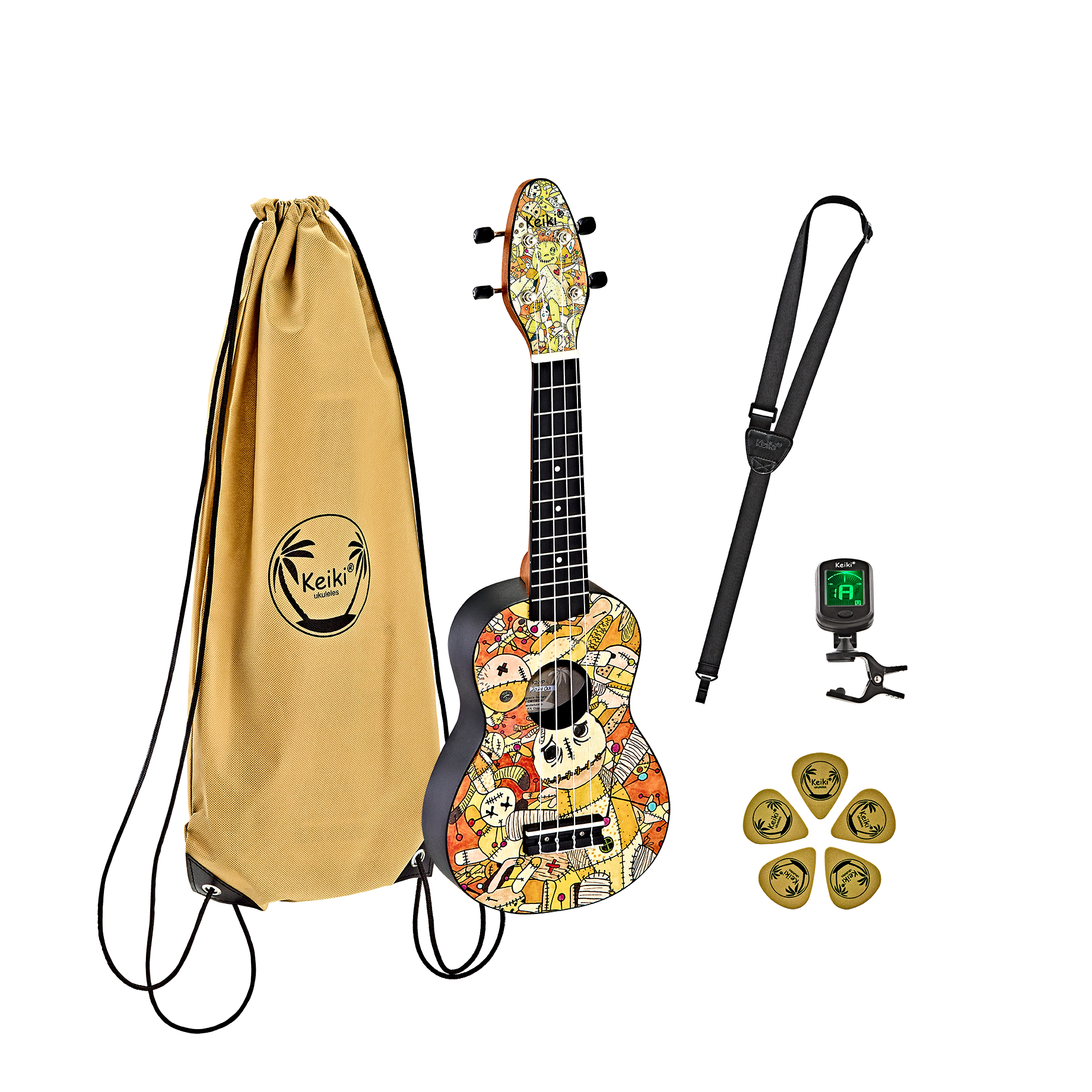 KEIKI Ukulelen Set "Voodoo Puppet" inkl. Gymbag/H-Tuner/5 Picks/Gurt