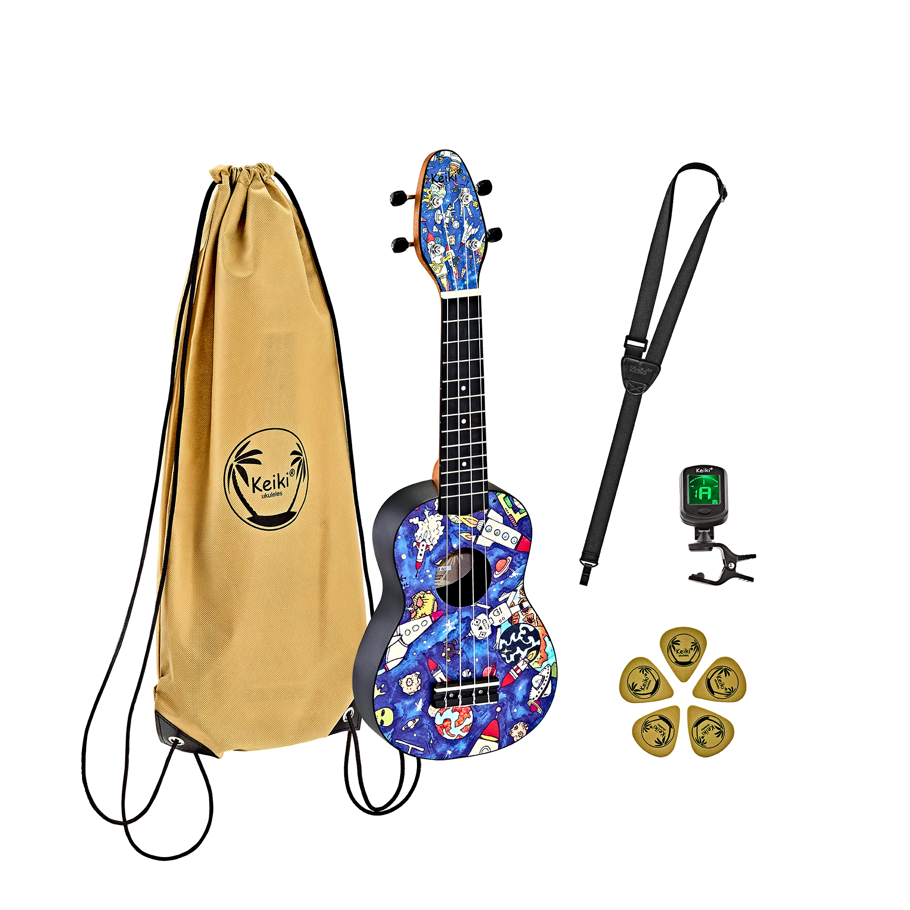 KEIKI Ukulelen Set "Spaceman" inkl. Gymbag/H-Tuner/5 Picks/Gurt
